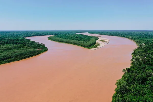 Krásný Přírodní Výhled Řeku Amazon Růžové Barvě Mezi Džunglí — Stock fotografie