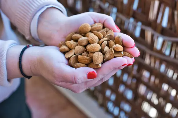 Most Popular Nuts All Forms Almonds Handful Almonds Contains 170 — Stock Photo, Image