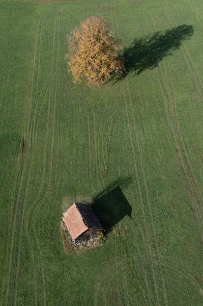 Una Vista Aérea Vertical Una Antigua Cabaña Rural Madera Campo —  Fotos de Stock