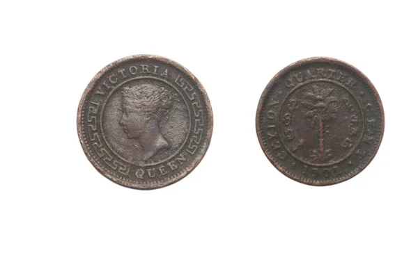 斯里兰卡金币1901年制造的斯里兰卡或锡兰25美分硬币的特写 从正面和背面看 独立于白色背景 — 图库照片