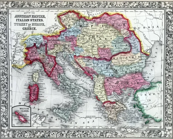 Antigo Mapa Império Austríaco Estados Italianos Turquia Europa Grécia Mostrado — Fotografia de Stock