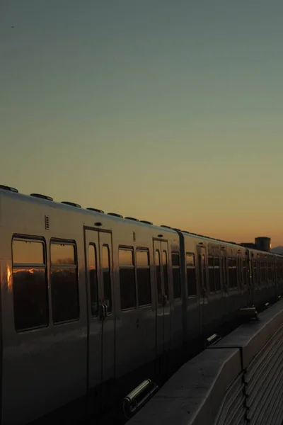 夕阳西下 列车在月台上垂直拍摄的照片 — 图库照片