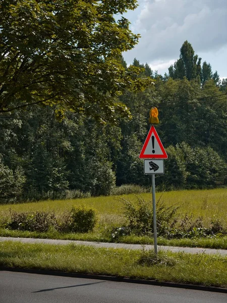 Μια Γερμανική Πινακίδα Προειδοποίησης Βάτραχος Ένα Δρόμο Στη Φύση — Φωτογραφία Αρχείου