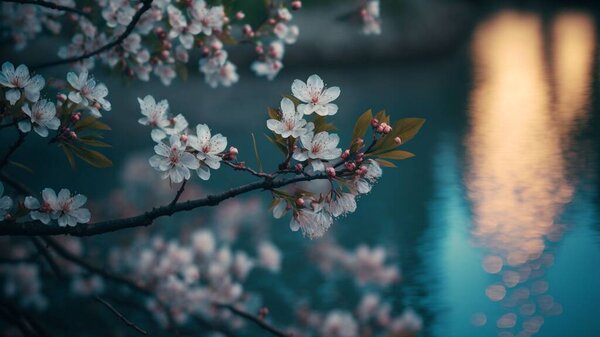 A closeup shot of blooming cherry blossom branches on a blue background