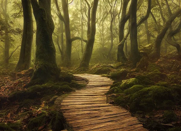 背の高い木や緑を持つ暗い霧の魔法の森の中の木道の気まぐれな風景 — ストック写真
