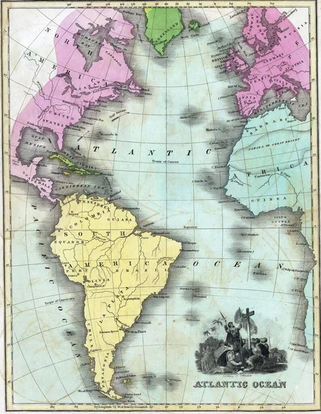 Старая Карта Атлантического Океана Показана Бумажном Атласе — стоковое фото