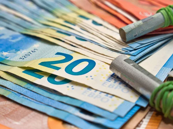 Uma Pilha Notas Euro Onde Plano Foco Está Nota Vinte — Fotografia de Stock