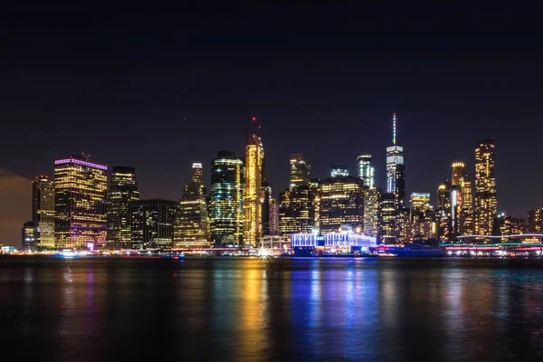 Чудовий Знімок Освітленого Горизонту Нью Йорка Вночі Сполучених Штатах Америки — стокове фото