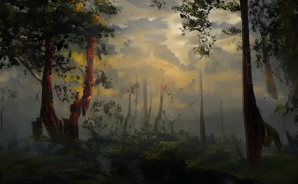 Иллюстрация Леса Высокими Зелеными Деревьями Облачным Небом — стоковое фото