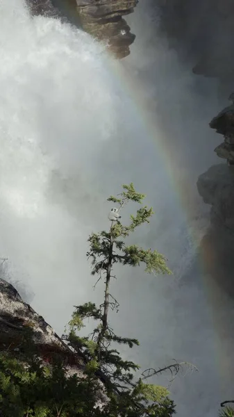 Disparo Vertical Una Hermosa Cascada Salpicando Con Arco Iris — Foto de Stock