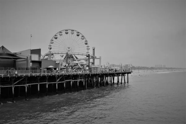Graustufen Des Riesenrads Pier Von Santa Monica Beach — Stockfoto