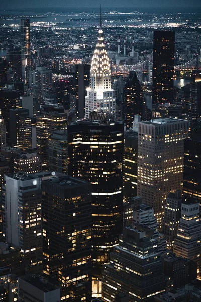 Disparo Dron Rascacielos Por Noche Nueva York — Foto de Stock