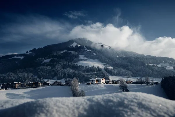 丘の上にモミの森の木がある雪の上の家の風景 — ストック写真
