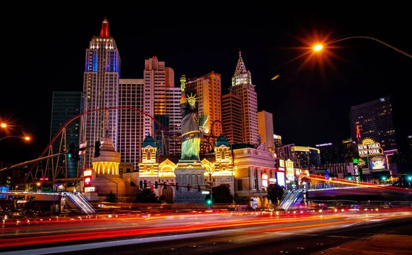 Long Exposure Vegas Lights New York Hotel Casino Night Usa — Stock Photo, Image
