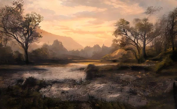Ілюстрація Природи Річкою Оточеною Деревами Пагорбами Вдень — стокове фото