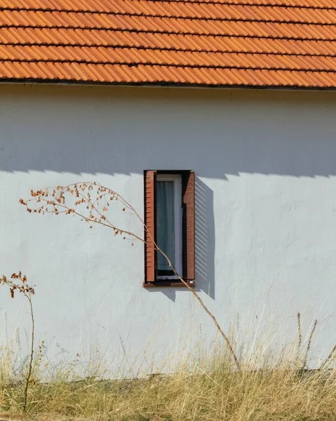 房子的白色墙壁上的小窗口的垂直镜头 前面是金黄色的草地 — 图库照片