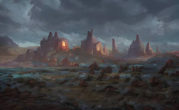 An illustration of ancient houses on the cliffs in the semi-desert field under a cloudy sky