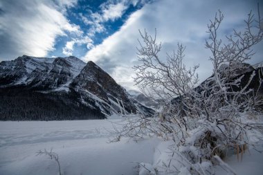 Dağlık bir arka planda karla kaplı bir arazinin ürpertici görüntüsü