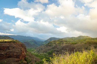 Mavi bulutlu gökyüzünün altındaki tepelerin yamaçlarında ve tepelerinde yemyeşil bir dron görüntüsü.
