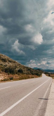 Bulutlu bir gökyüzüne karşı ağaçlar arasındaki dar yolun dikey görüntüsü.