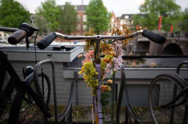 Amsterdam 'da güpegündüz çiçek desenli bir bisikletin yakından görüntüsü.