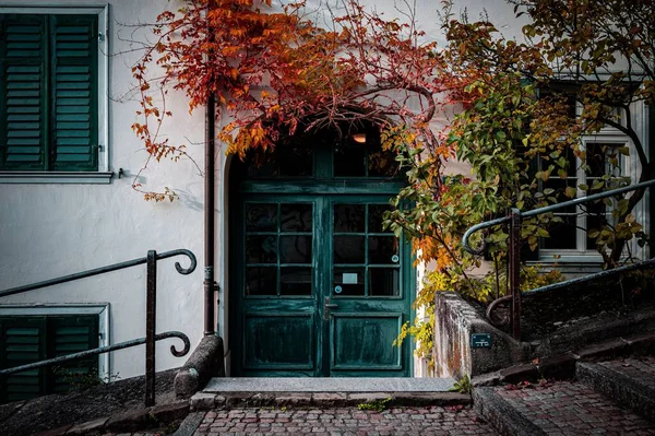 Eine Außenansicht Eines Alten Gebäudes Mit Historischer Tür Und Herbstblättern — Stockfoto