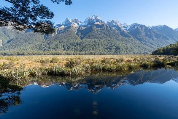 Krásná Krajina Modrého Čistého Jezera Suchou Trávou Přistává Alpách Novém — Stock fotografie