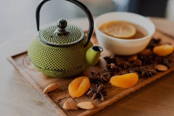 Close Shot Vintage Green Teapot Dry Fruits Tea Lemon Cup — Stock Photo, Image
