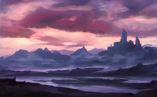 Illustration Nature Sea Surrounded Rocky Hills Castle Peak Sunset — Stock Photo, Image
