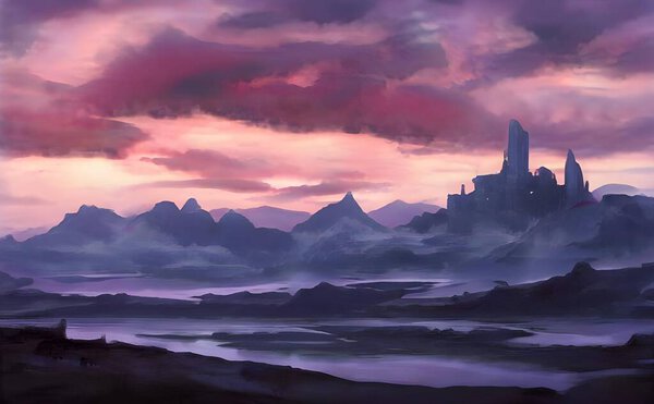 An illustration of nature with sea surrounded by rocky hills and a castle on the peak at sunset