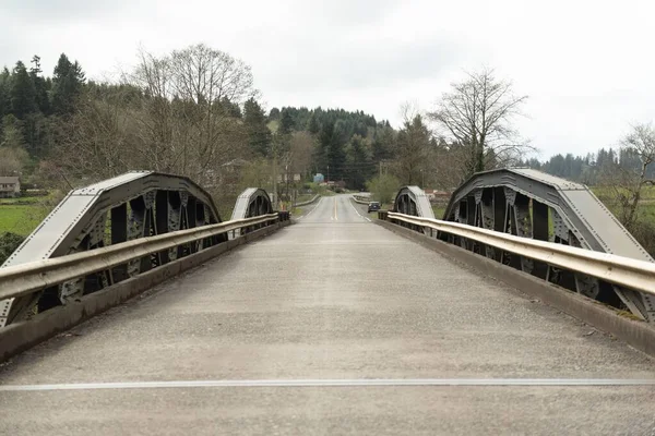 Tiro Perto Uma Ponte Sobre Rio Nehalem Cercado Por Árvores — Fotografia de Stock