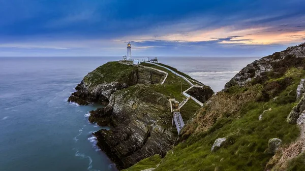 Aerial Shot South Stack Lighthouse Blue Sky Sunset Wales — Stock Photo, Image