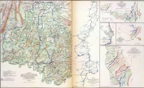 Stara Mapa Kampanii Shermana Przeciwko Atlancie Atlasie Wskazująca Przebieg Wojny — Zdjęcie stockowe
