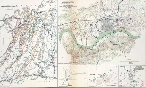 Chickamaugua Knoxville Csata Régi Térképe Egy Atlaszon Ami Háború Menetét — Stock Fotó