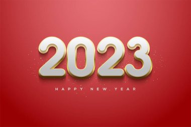 Kırmızı zemin üzerinde altın ve beyaz sayılar bulunan yeni yıl 2023