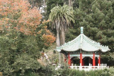 San Francisco 'daki Stow Gölü' ndeki yeşil ağaçlarla çevrili Çin Pavyonu büyüleyici bir manzara.
