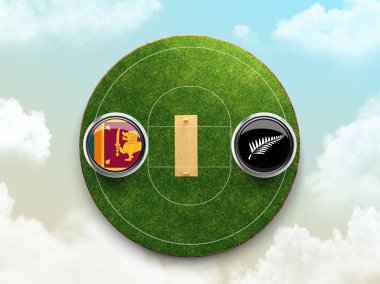 Bir futbol stadyumunda Sri Lanka ve Yeni Zelanda bayraklarının resimli tasarımı.