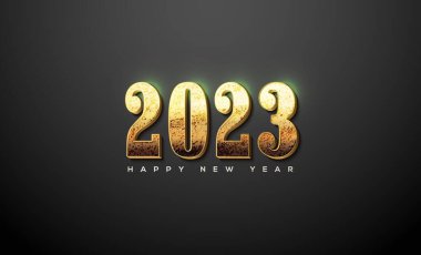 Mutlu bir yeni yıl 2023 sosyal medya posteri. Siyah arka planda izole edilmiş klasik altın rakamlar.