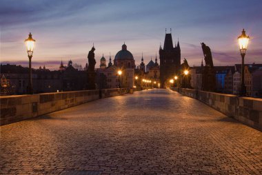Prag 'da geleneksel binalarla çevrili Charles Köprüsü manzaralı bir manzara.