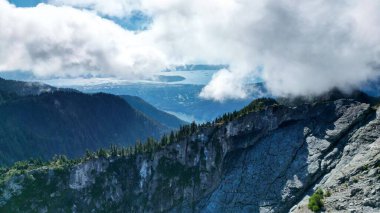 Vancouver, Kanada 'daki dağların yakınındaki güzel bir ormanın hava manzarası.