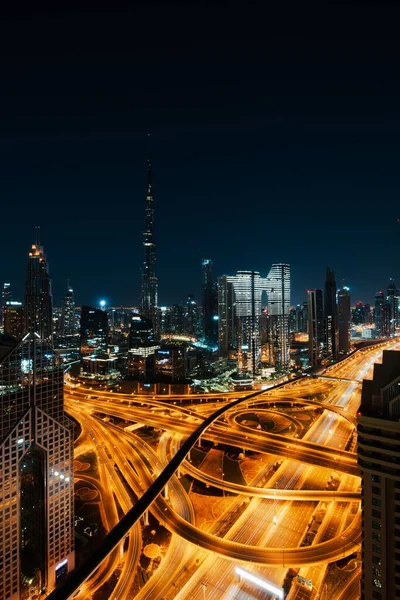 Plan Vertical Tour Burj Khalifa Des Autoroutes Illuminées Dubaï Eau — Photo