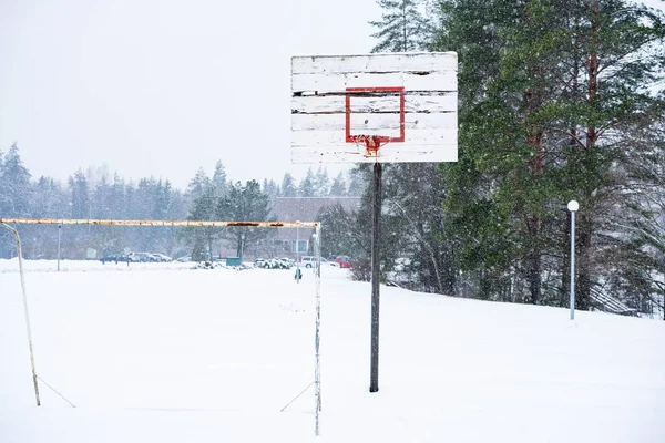 Basketbalový Koš Zimě Zasněženou Zemí Stromy Prázdná Obloha Pozadí — Stock fotografie