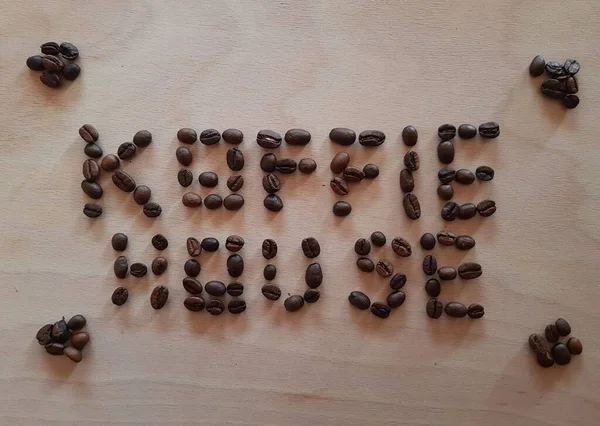 Una Vista Superior Anuncio Con Granos Café Con Expresión Koffie —  Fotos de Stock