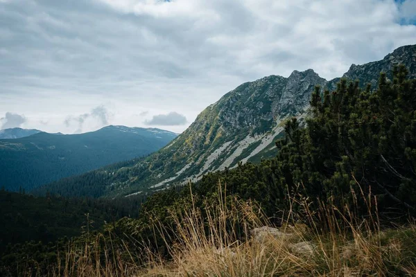 Paysage Montagnes Rocheuses Avec Une Végétation Verte Sous Ciel Nuageux — Photo