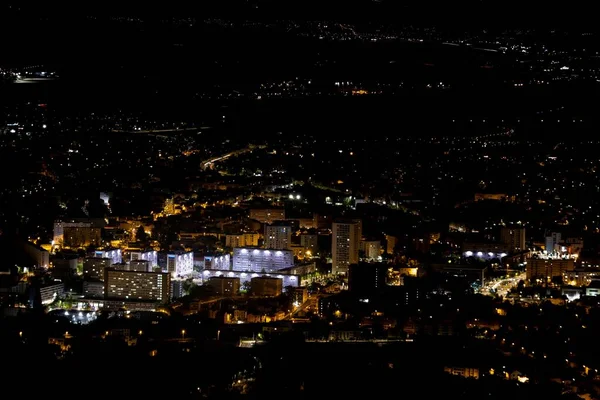 Flygbild Den Lilla Staden Med Byggnader Natten — Stockfoto