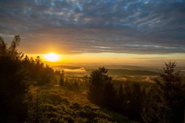 Flygbild Skogen Berget Solnedgången — Stockfoto