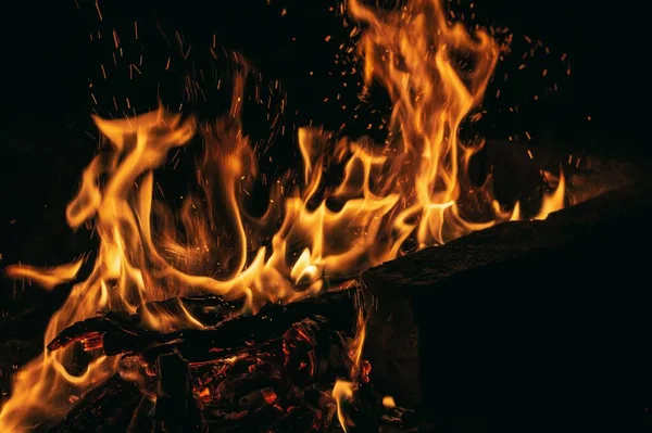 Közeli Kilátás Tűz Lángok Elszigetelt Egy Fekete Háttér — Stock Fotó