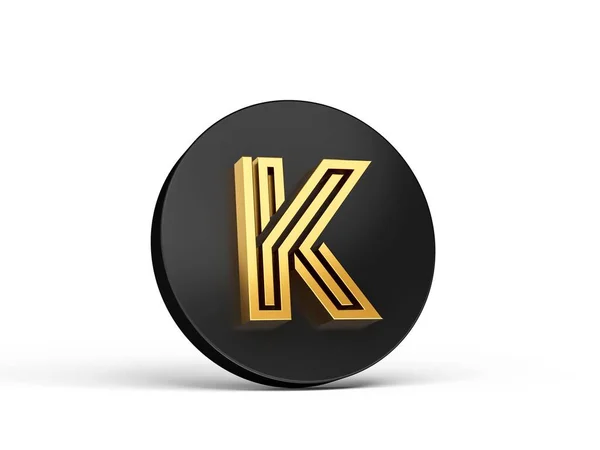 白い背景に隔離された黒いボタンのアイコン上に金色の文字Kの3Dレンダリング — ストック写真