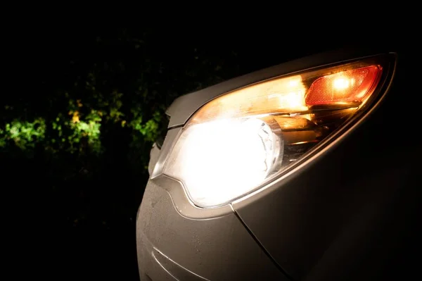 Closeup Shot Car Headlight Turned Night Illuminating Green Bush Background — Stock Photo, Image