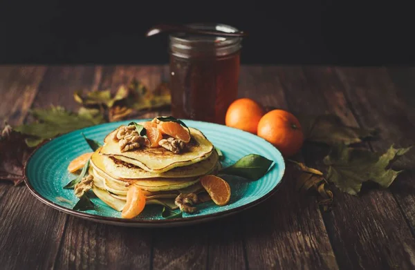 Stack Appetizing Homemade Pancakes Topped Walnuts Orange Jar Syrup — Stock Photo, Image
